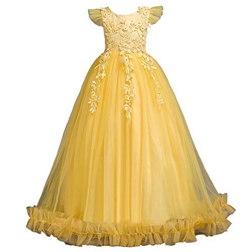 Valin Robe Fille sans Manche Broderie Fleurs Tulle,Jaune,140