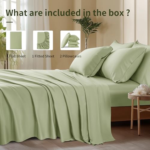 Image of Shilucheng 6 Piece Full Sheet Sets, Cooling Sheets, Blend Rayon Derived from Bamboo, Deep Pocket Up to 16 inch, Breathable & Soft Bed Sheets, Hotel Silky Bedding Set, Sage Green
