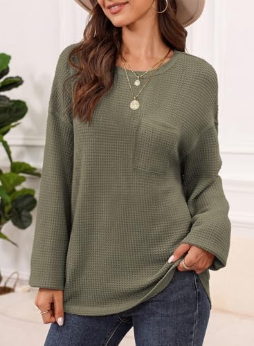 Image of Dokotoo Womens Waffle Knit Tops 2026 Oversized Long Sleeve Crewneck Shirts Business Casual Blouses Basic Shirts