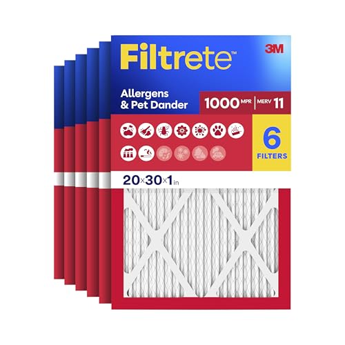 Filtrete 20x30x1 AC Furnace Air Filter MERV 11 MPR 1000 Micro Allergen Defense 3-Month Pleated 1-Inch Electrostatic Air Cleaning Filter 6 Pack (Actual Size 19.81 x 29.81 x 0.81 in)