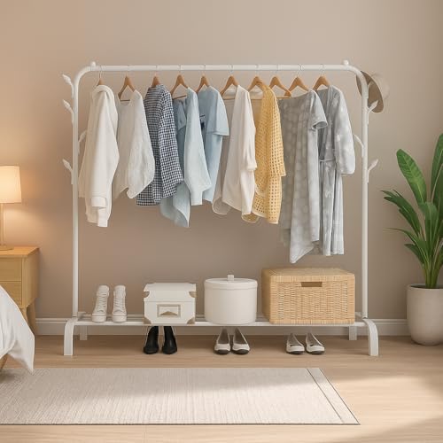 Image of Mevigo Heavy Duty Metal Clothing Rack with Storage Shelf | Freestanding Garment Organizer for Clothes, Shoes & Bags | Modern Wardrobe Rack for Bedroom, Entryway & Laundry Room (Bright-White, 2-Tier)