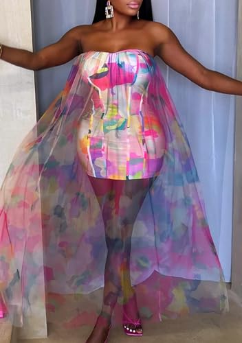Image of Summer Elegant Strapless Maxi Dress Tube Top Dress Bodycon Flowy Long Mesh Wedding Party Cocktail Mini Dresses