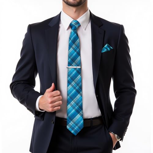 Image of DiBanGu Plaid Ties for Men Silk Checkered Necktie and Pocket Square Cufflinks Tie Clip Set with Gift Box for Wedding Business