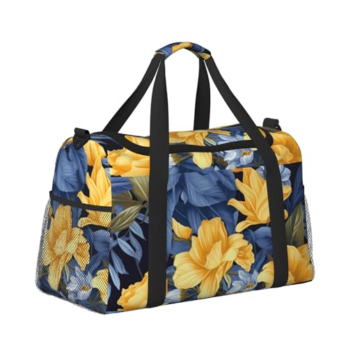 Blue Base Yellow Floral Travel Duffel Bag Lightweight Waterproof Carry On Tote Bag Foldable Weekender Overnight Bags Sport Gym Bag For Women Men3
