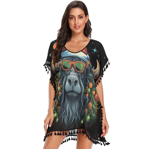 Christmas Style Animals Bison Women's Beach Cover Up Chiffon Tassel Swimwear Swimsuit Coverups for Girl