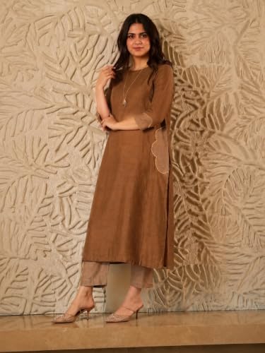 Image of ANNI Designer Viscose Blend Solid Kurta with Pant for Women | A-Line Kurti Set for Woman | 3 /4 Sleeve Close Round Neck Stylish Kurta Pant Ethnic Outfit Party Wedding