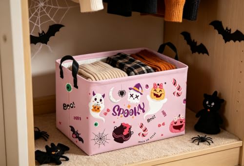 Image of Rectangle Kids Baskets Halloween Basket Pink Storage Bin Fish Box for Room Decor Gift Basket(Pink halloween)