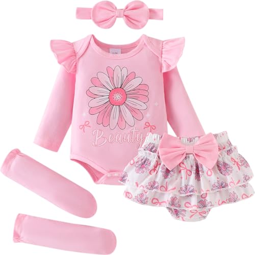 Baby Girl Clothes Newborn Ruffle Romper + Infant Flower Shorts Fall Outfits + Cute Headband + Leg Warmers 0-18 Months