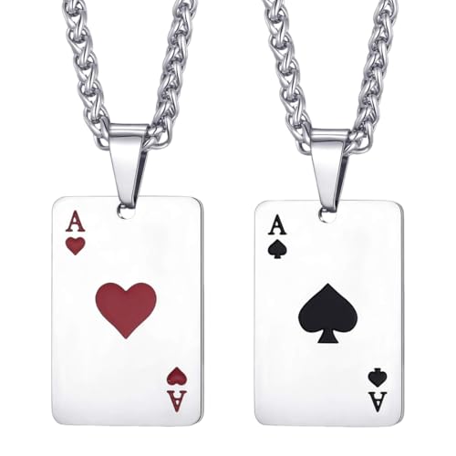 WUSJCOF 2 Accessori per Uomo e Coppie, Collana in Acciaio Inossidabile Argento (Asso di Picche, Asso di Cuori)
