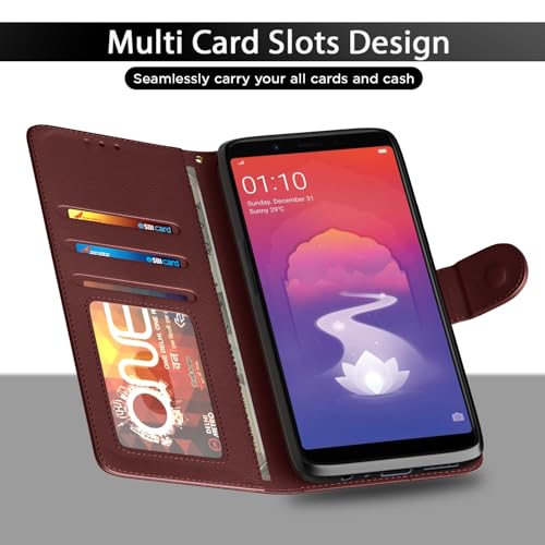 Image of Pikkme Realme 1 Flip Case Leather Finish | Inside TPU with Card Pockets | Wallet Stand and Shock Proof | Magnetic Closing | Complete Protection Flip Cover for Realme 1 (Brown)