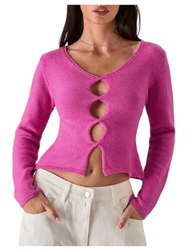 OYOANGLE Women's Cut Out Cropped Sweater Long Sleeve Crew Neck Split Hem Lightweight Pullover Tops