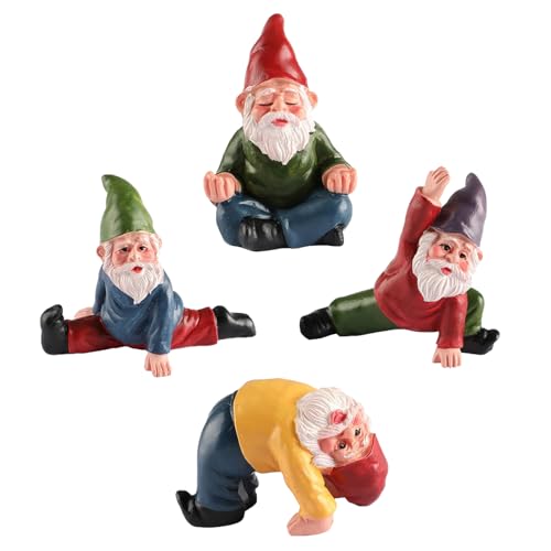 JIUMO Yoga Gnome Miniature Garden Gnome Fairy Garden Gnomes Figurines Accessories Little Garden Gnomes Outdoor Small Gnomes Dwarfs Ornaments Set of 4