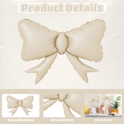 Image of 5pcs White Bow Balloon, Cream White Bows Balloons, Ivory Giant Bow Foil Balloon For Birthday Baby Shower Girls Women Boho Party Wedding Bridal Shower Bachelorette Engagement Graduation Decorations