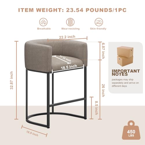 Image of 26 inch H Counter Height Bar Stools Set of 1, Modern Barrel Counter Stools with Backrest and Arms, Linen Fabric Upholstered Accent Barstools for Kitchen Island,Support 450 LBS (Sand)