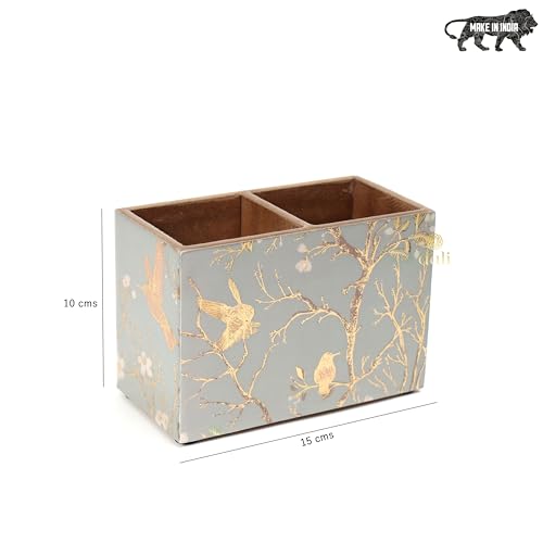 Image of DULI Multipurpose Stand, Cutlery Holder, Spoon Stand, Table Organizer with 2 Sections, Chammach Stand (10cm x 15cm) (MCDPSDbl- SilverGoldBirds NON-WP)
