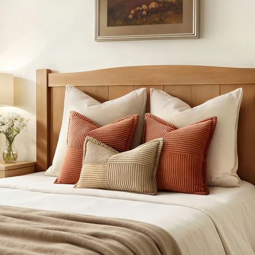 Image of MIULEE Fall Dark Rust Decorative Throw Pillow Covers for Couch Bed Livingroom 20x20 Inch Set of 2 Boho Accent Throw Pllows Broadside Striped Patchwork Soft Corduroy Pillowcases, Terracotta