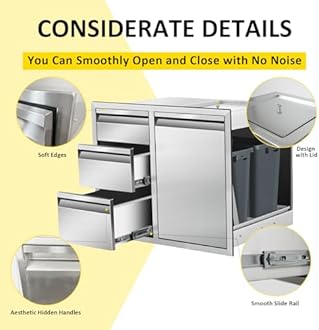 Outdoor Kitchen Door Drawer Combo Cabinet 28" W x 22" H x 19.5" D Stainless Steel Built-in Triple Drawers&Left Trash Drawer Combo Cabinet for Outdoor Kitchen Island, Patio Grill Station