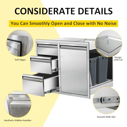 Outdoor Kitchen Door Drawer Combo Cabinet 28" W x 22" H x 19.5" D Stainless Steel Built-in Triple Drawers&Left Trash Drawer Combo Cabinet for Outdoor Kitchen Island, Patio Grill Station
