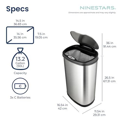 image for NINESTARS 13 Gallon Kitchen Trash Can, Automatic Touchless Motion Sens