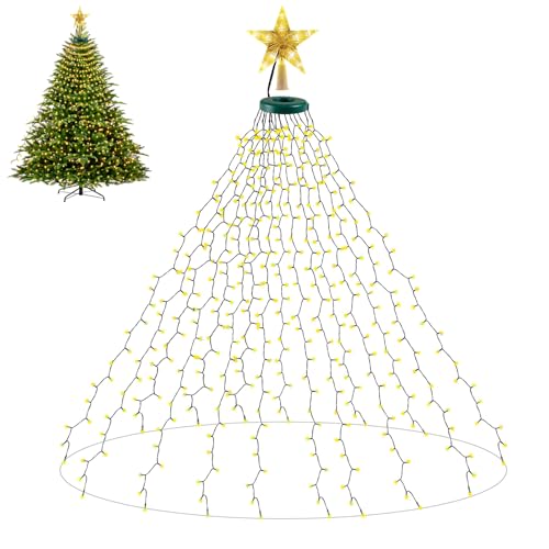 Luci Albero di Natale, 400LED 2M×16 Radici Catene Luminose per Natalizie, 8 Modalità Cascata, Timer, Luci Albero di Natale Bianco Caldo, Decorazioni Albero di Natale, Finestra, Giardino, Terrazza