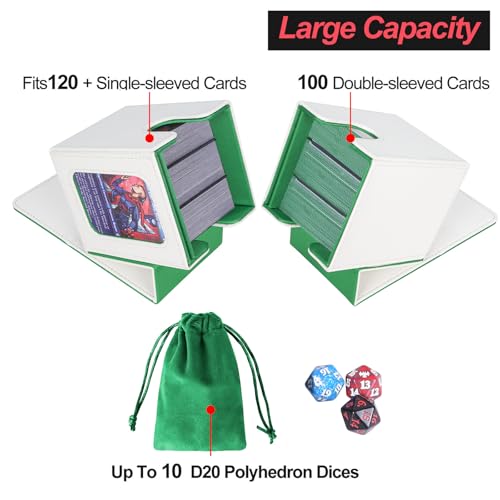 Image of AFIING MTG Deck Box for Commander Display,Card Deck Box Fits 100 Double Sleeved Cards, Magic Commander TCG Card Storage Box with 2 Dividers,Dice Bag and 1 Toploader(Whtie Green)