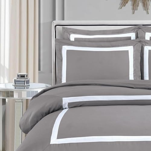Majestic Giftware Madison Linen 4 Pcs 48" Twin Size Bedding Set (BL1-48T-3-4pcs) Province Hotel Collection-Taupe-White Tape 400 TC Cotton Sateen | 1 Fitted Sheet, 1 Duvet, 2 Pillowcases