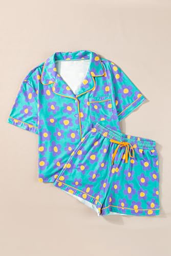 Image of KevaMolly Women Floral Notch Collar 2 Piece Holiday PJ Set | Print Short Sleeve Top, Drawstring Soft Vacation Sleep Shorts