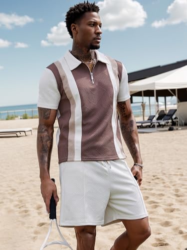 UOUA Mens Summer Track Suits 2 Piece Shorts Sets Short Sleeve Sweatsuit Outfits 1/4 Zip Golf Polo Splicing Striped Shirts2