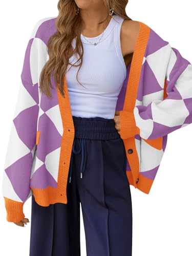 Saodimallsu Womens Checkered Oversized Cardigan Sweaters V Neck Button Down Long Sleeve Slouchy Knit Jacket Coats Purple, Large