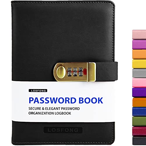 LosFong Password Book with Alphabetical Tabs and Combination Lock, Password Organizer Logbook for All Your Internet Details, Medium Size Password Keeper Notebook for Home Office Work (Black)