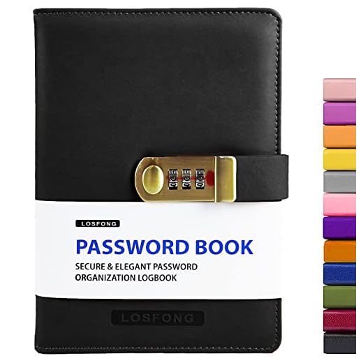 LosFong Password Book with Alphabetical Tabs and Combination Lock, Password Organizer Logbook for All Your Internet Details, Medium Size Password Keeper Notebook for Home Office Work (Black)