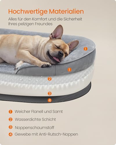Feandrea Hundebett, Hundekissen, für mittelgroße Hunde, 76 x 51 x 18 cm, orthopädisch, wasserdichte Innenschicht, erhöhte Ränder, Abnehmbarer, waschbarer Bezug, rutschfest, hellgrau PGW281G01