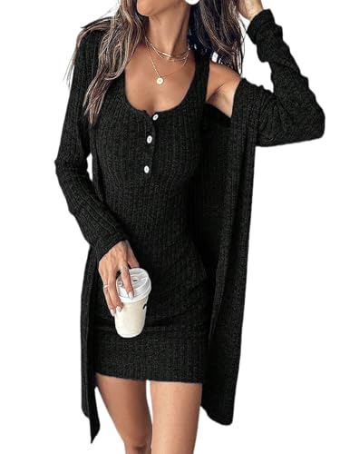 Floerns Women's Casual 2 Piece Outfits Henley Ribbed Knit Tank Bodycon Mini Dress Lightweight Cardigan Sweater Shrugs