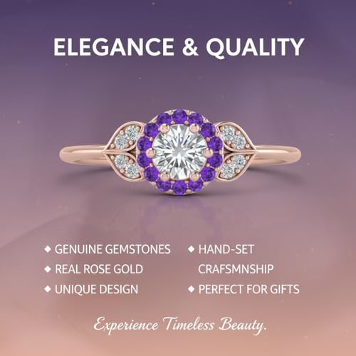 Image of Rose Gold Plated Diamond CZ & Blue Sapphire Petal Halo Engagement Ring for Women, Petite Round Shape Wedding & Everyday Jewelry, Handmade Gift for Wife US Size 4-12