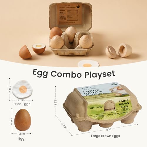 Image of Tiny Land Wooden Play Food for Kids Kitchen, Pretend Food Egg Set Toy