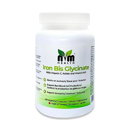NVM Health Gentle Iron Supplement for Adults I Iron bisglycinate with Vitamin C, B12, Folic Acid I Supports Red Blood Cell Formation & boosts Immunity - 90 Vegeterian Capsules, Gluten Free