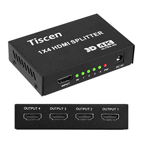 Tiscen 4K 1x4 HDMI Splitter (with Power Supply), 1 in 4 Out Port Powered V1.4b 4K@60Hz Video Converter with Full Ultra HD 1080P, 4Kx2K and 3D Resolutions (1 Input to 4 Outputs)