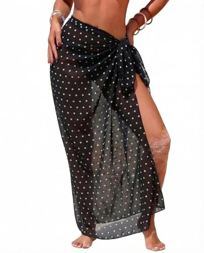 SENMAY Womens Swimsuit Cover Up Sheer Sarong High Slit One Size Bathing Suits Coverups 2026 Summer Long Chiffon Wraps Tie Side Chic Polka Dot Swimwear