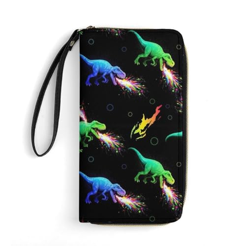 Stylish Pu Leather Wallet for Women, Tyrannosaurus Rex Dinosaur Sparkles in Space Slim Long Purse Waterproof Zipper Credit Card Holder with Multiple Card Slots3