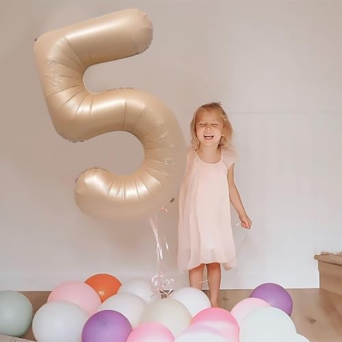 Image of Solid Beige 5 Number Foil Balloons 32 inch 5th Birthday Party Decoration Helium Supported