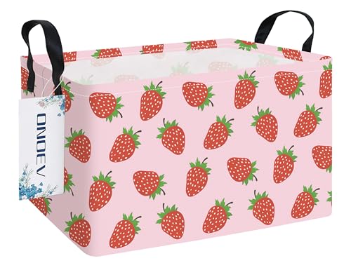 Image of Rectangular Strawberry Laundry Storage Bin for Adults and Kids | Damp resistant canvas fabric, sturdy stitched carry handles, foldable design organizes closet and playroom daily supplies