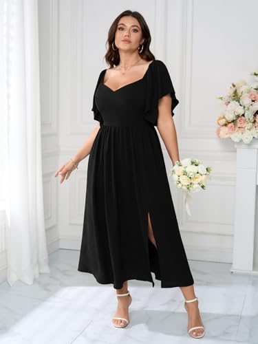 SCOMCHIC Women Plus Size Dresses Short Sleeve Sweetheart Neckline Wedding Guest Cocktail Smocked A Line Slit Maxi Dress2