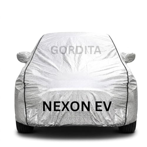Image of Waterproof Car Body Cover for Nexon Ev All Weather Protection Comes with Inner Cotton Lining & Triple Stitched with Mirror & Antenna Pocket Belt & Elastic Fit Metallic Silver with Black Piping2