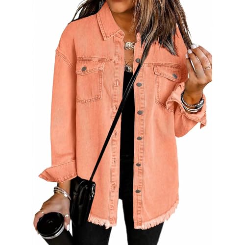 Womens Oversized Denim Jacket Casual Frayed Hem Long Sleeve Jackets Button Down Shacket Distressed Jean Jacket