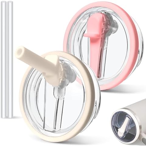 2 PCS 30 oz Spill Proof Tumbler Flip Straw Lid for Stanley Cup, Leak Proof Tumbler Lid Replacement Fit for Stanley Quencher, Reusable Tumbler Cover 30oz Stanley Cup Accessorie (cream+pink) Cover