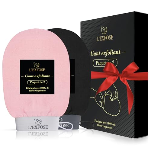 L’Exfose 2x Gant Exfoliant Corps - Gant de Crin Kessa Gommage Corps et Visage en Viscose Naturelle - Élimine les Cellules Mortes de la peau et Hydrate - Sensation de Spa Agréable Sans Savon Noir