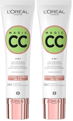 L'Oréal Paris Anti-Rötungen Creme, Für bis zu 24h Feuchtigkeit und einen optimierten Hautton, Magic CC Teint Optimierer Anti Rötungen, 1 x 30 ml (Packung mit 2)