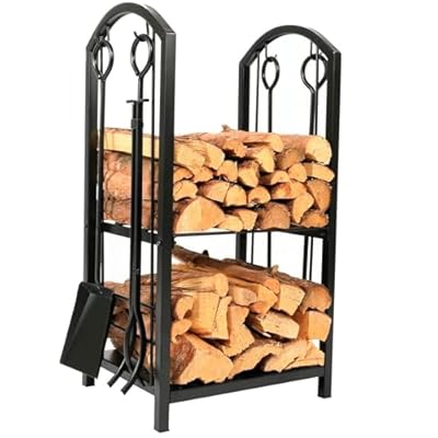 Fire Wood Racks Outdoor, Fireplace Wood Holder, Firewood Storage Rack with 4 Tools Set, Wrought Iron Log Holders with Poker, Tong, Brush and Shovel Fireplace Tools for Fire Pit