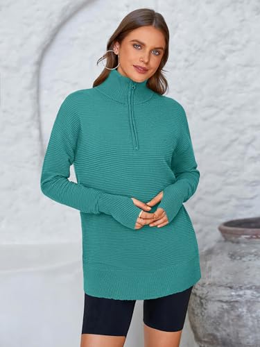 Image of PRETTYGARDEN Womens Long Sleeve Quarter Zip Pullover Sweater | Casual Loose V Neck Sweaters with Thumb Hole, Collared Ribbed Knit Jumper Tops, Oversized Tunic Tops, Fall Outfits 2026