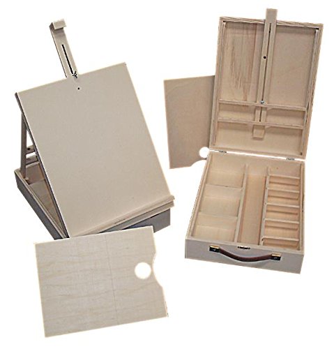 greca Caja óleo con Caballete de sobremesa. En Madera de Pino Crudo. Incluye Paleta. Medidas (Ancho/Fondo/Alto): 33 * 44 * 12 cms (Cerrada).